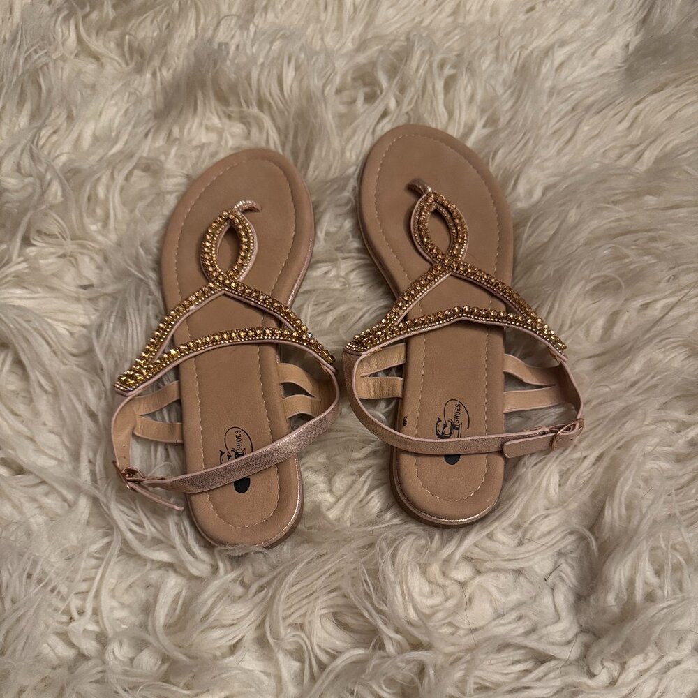 Selena Flat Strappy Sandals Size 8.5 Rose Gold Rhinestones
